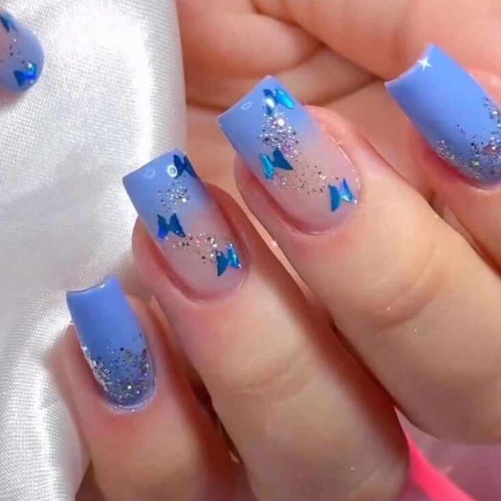 Blue Glitter Butterfly Nail Art